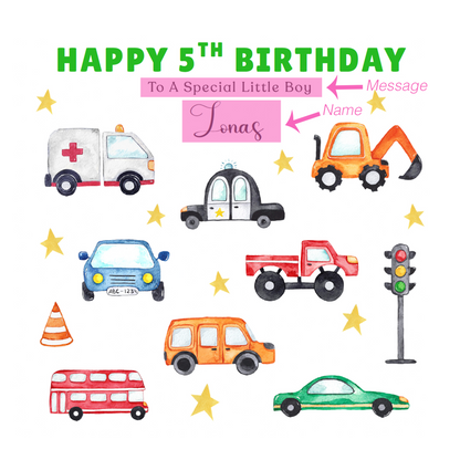 Personalised 5th Birthday Card for Boys - Vehicles and Transport Birthday Card with Custom Name and Message for Age 5 Years Old Kids, Children, Boy, Son, Grandson, Nephew – Green Envelope Included