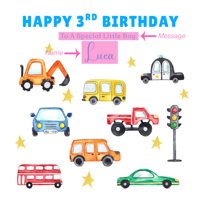 Personalised 3 Years Old 3rd Birthday Card for Toddler Boy – Vehicles and Cars Design with Custom Name & Message - Age 3 Year Old Birthday Card for Little One, Son, Grandson Nephew with Blue Envelope