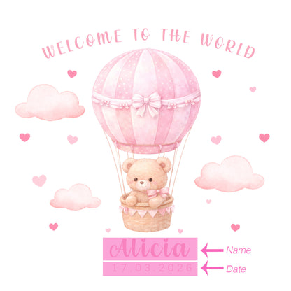 Personalised New Baby Girl Card Congratulations for Newborn Daughter, Granddaughter, Niece - Welcome To The World Card with Teddy Bear & Hot Air Balloon Design - Custom Name & Date with Pink Envelope