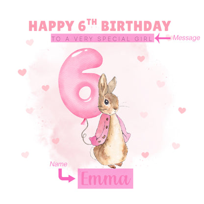 Personalised 6 Years Old 6th Birthday Card for Girls – Cute Rabbit with Custom Name & Message - Age 6 Birthday Card for Kids Children Daughter Granddaughter Niece - Pink Envelope Included