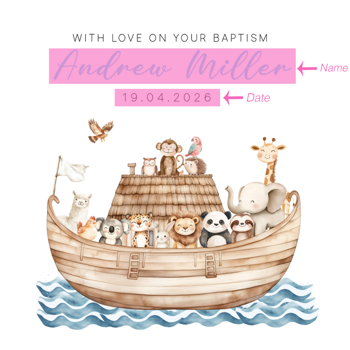 Personalised Christening Card for Boy – Custom Baptism Card with Name & Date - Noah's Ark and Cute Animals Design – Baptism Card for Boys, Son, Grandson, Nephew with Blue Envelope