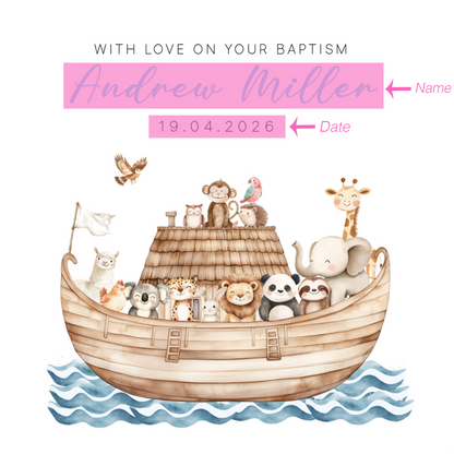 Personalised Christening Card for Boy – Custom Baptism Card with Name & Date - Noah's Ark and Cute Animals Design – Baptism Card for Boys, Son, Grandson, Nephew with Blue Envelope