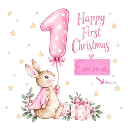 Personalised Baby Girl's First Christmas Card – Pink Cute Bunny Design