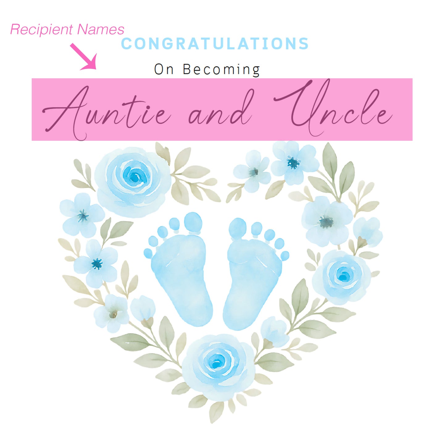 Personalised New Baby Boy Card – Congratulations On Becoming Mum, Dad, Brother, Sister or Grandparents – Custom Recipient Names Card for New Role – Blue Floral Baby Feet design with Blue Envelope