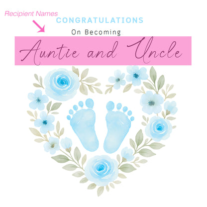 Personalised New Baby Boy Card – Congratulations On Becoming Mum, Dad, Brother, Sister or Grandparents – Custom Recipient Names Card for New Role – Blue Floral Baby Feet design with Blue Envelope