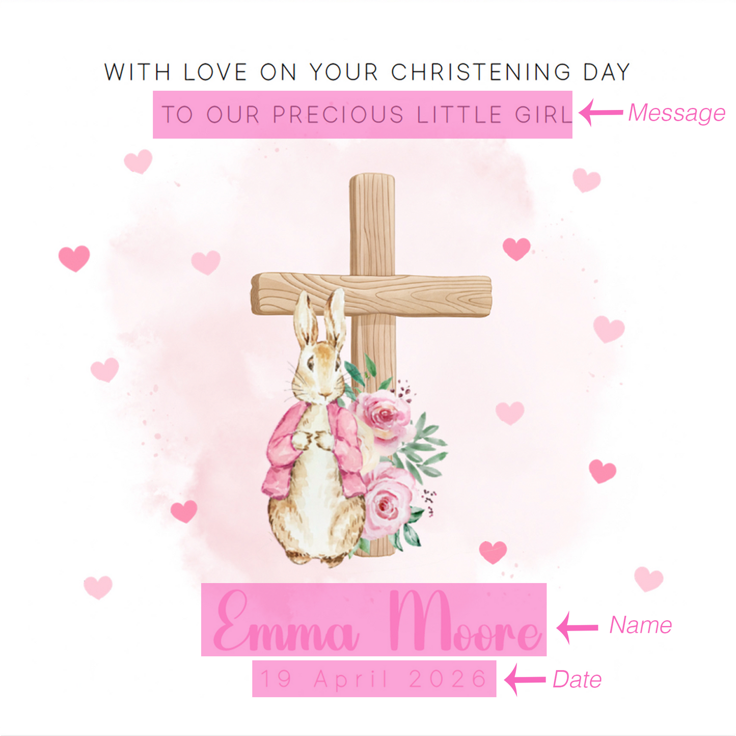 Personalised Christening Card for Girl – Custom Baptism Card with Message, Name & Date - Bunny Cross Floral Design – Baptism Card for Girls, Daughter, Granddaughter, Niece with Pink Envelope