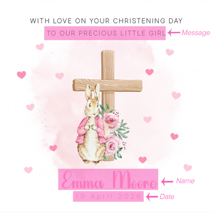 Personalised Christening Card for Girl – Custom Baptism Card with Message, Name & Date - Bunny Cross Floral Design – Baptism Card for Girls, Daughter, Granddaughter, Niece with Pink Envelope
