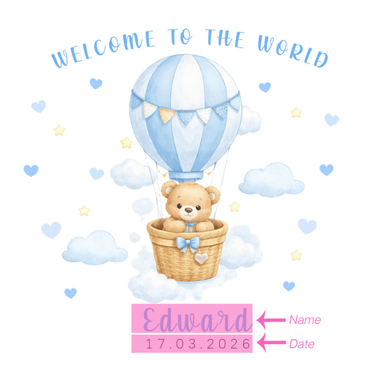 Personalised New Baby Boy Card Congratulations for Newborn Son, Grandson, Nephew, Welcome To The World Card - Teddy Bear with Hot Air Balloon Design with Custom Name and Date - Blue Envelope Included