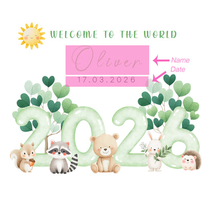 2026 Personalised New Baby Boy Card Congratulations for Newborn Son, Grandson, Nephew - Welcome To The World Card - Cute Woodland Animal Design with Custom Name and Date with Kraft Envelope