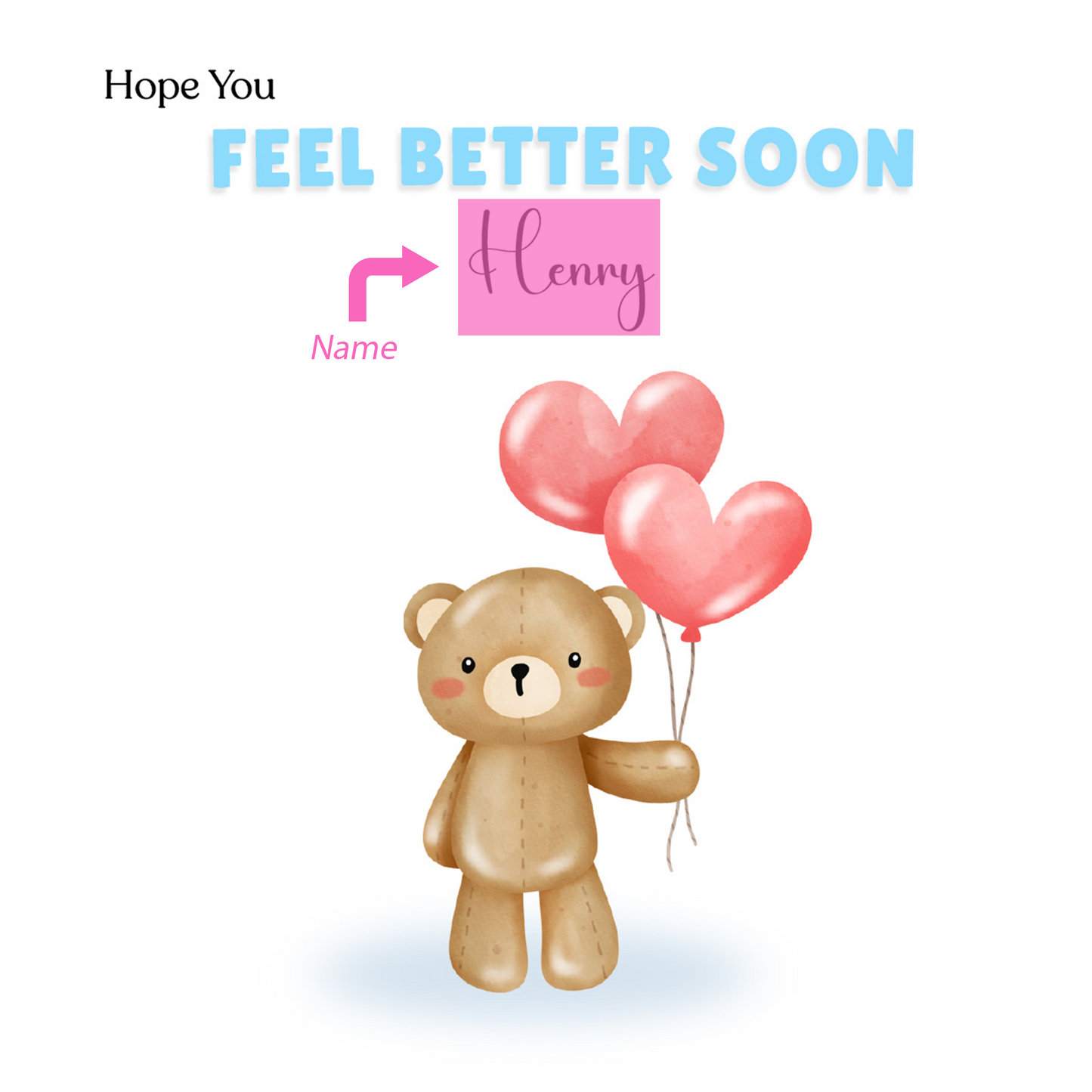 Teddy Bear -Personalised Hope You Feel Better Soon Folded Card, Get Well Card, Thinking of You Card, Sympathy Folded Card