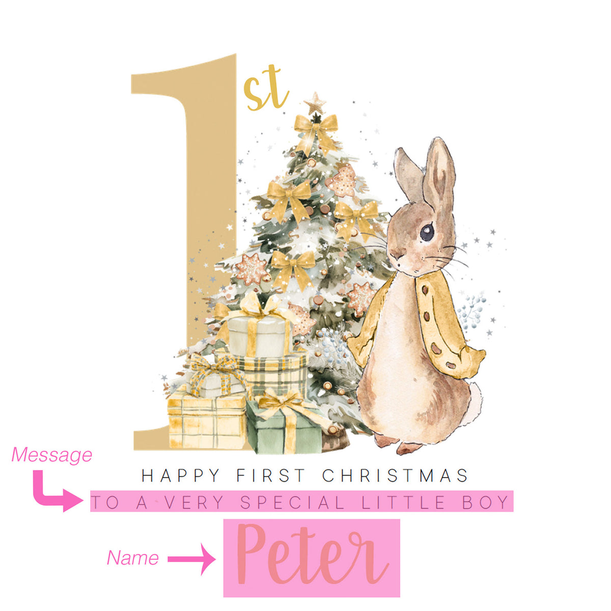 Personalised 1st Christmas Card for Baby Boy or Baby Girl – Golden Rabbit and Christmas Trees