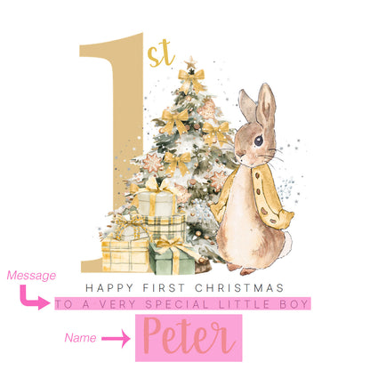 Personalised 1st Christmas Card for Baby Boy or Baby Girl – Golden Rabbit and Christmas Trees
