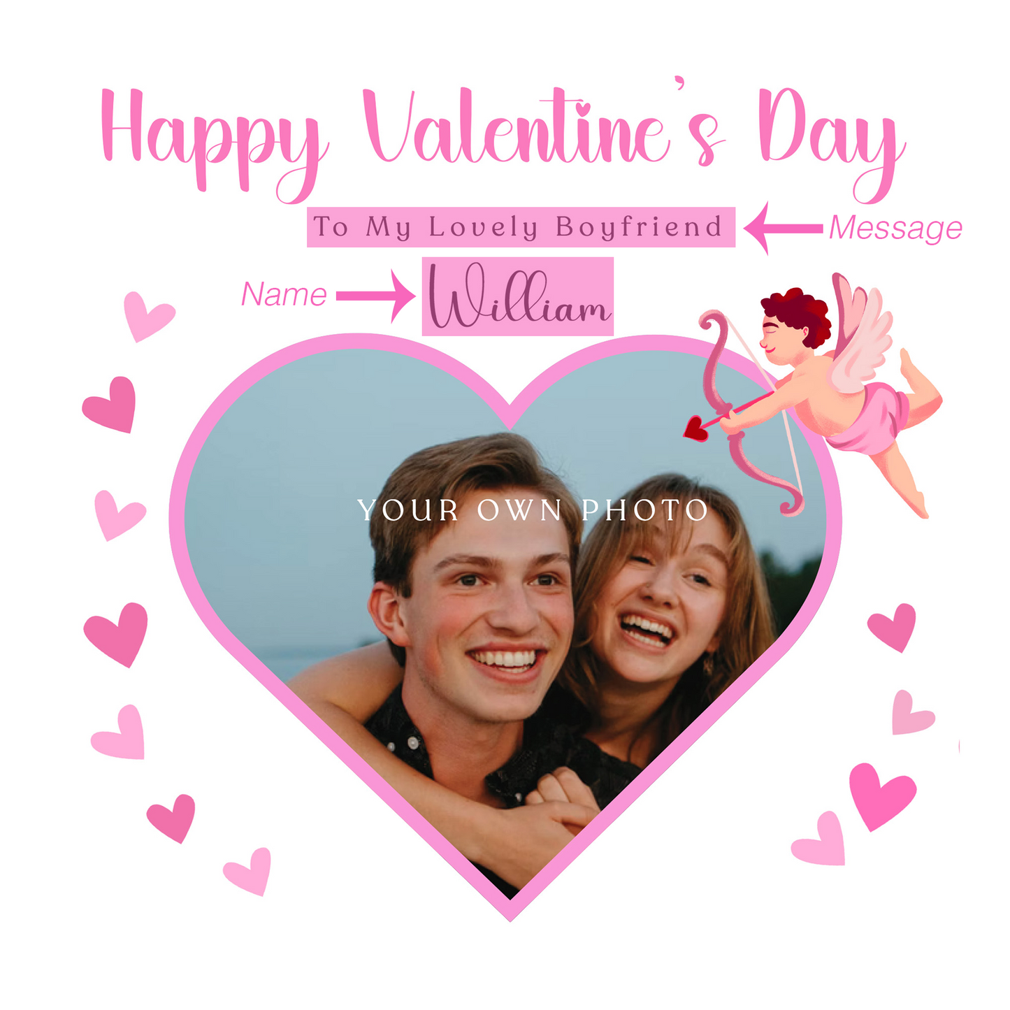 Personalised Photo Valentine’s Day Card for Loved Ones, Wife, Husband, Boyfriend, Girlfriend – Heart with Cupid Design - Custom Message, Photo & Name – Valentine Card for Him or Her with Pink Envelope