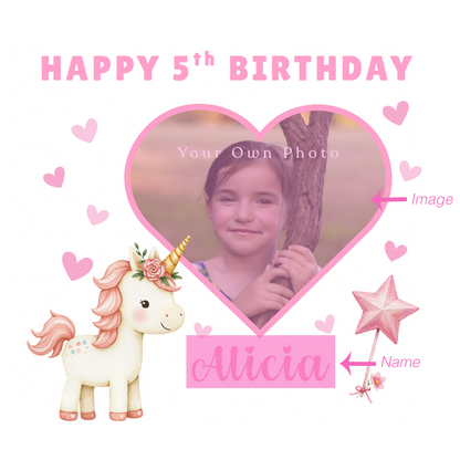 Personalised Photo 5 Years Old 5th Birthday Card for Girls – Unicorn Design, Heart Photo Frame with Custom Photo & Name for Age 5 Years Old Kid, Daughter, Granddaughter, Niece with Pink Envelope