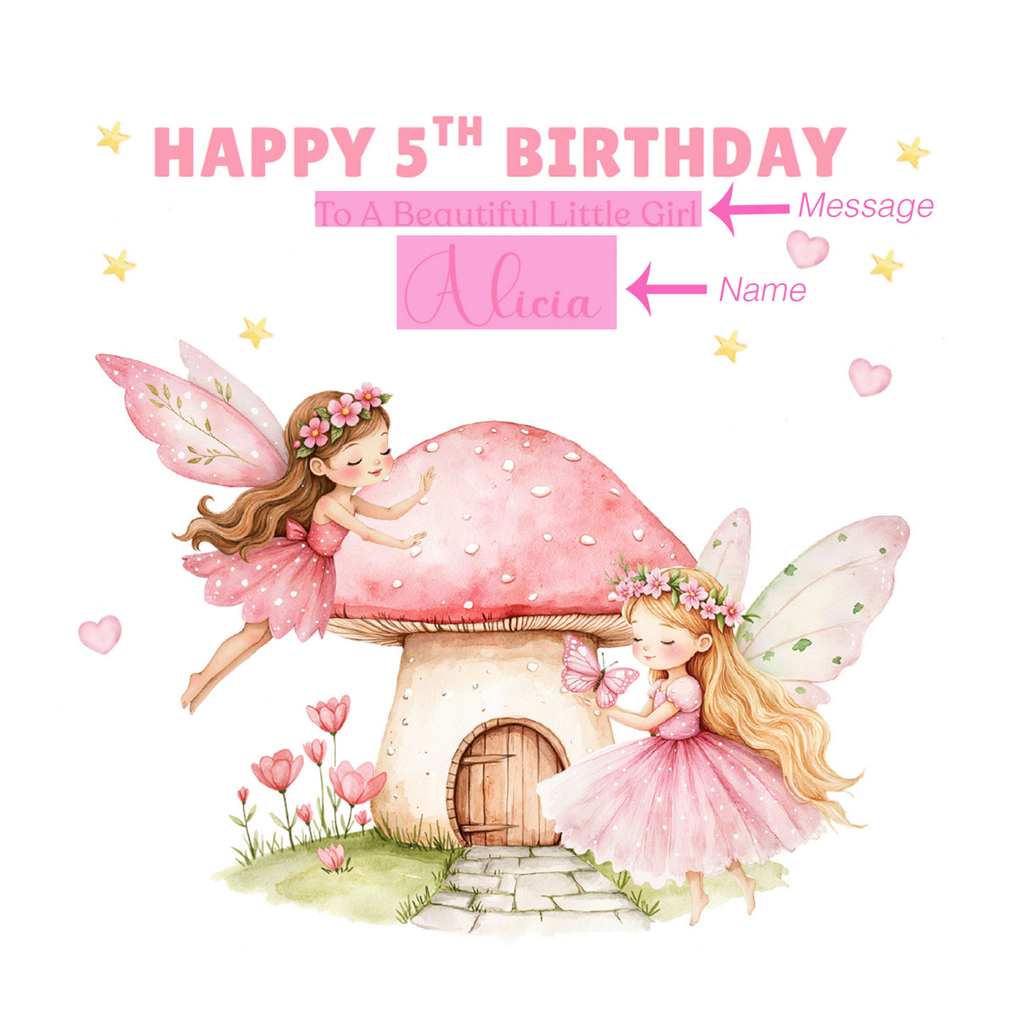 Personalised 5 Years Old 5th Birthday Card for Girls – Magical Fairy Design with Custom Name & Message - Age 5 Birthday Card for Kids Children Daughter Granddaughter Niece - Pink Envelope Included