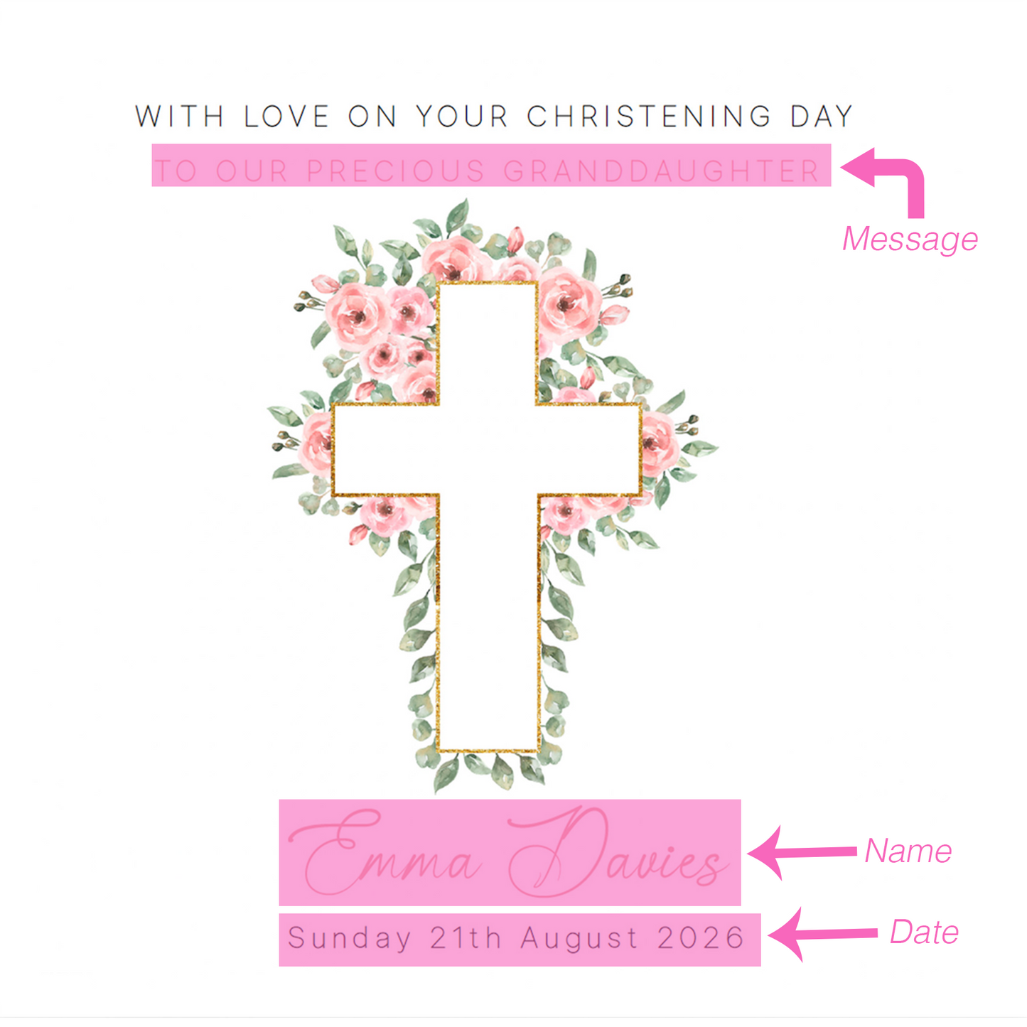 Personalised Christening Card for Girl – Custom Baptism Card with Message, Name & Date - Roses Cross Design – Religious Baptism Card for Girls, Daughter, Granddaughter, Niece - Pink Envelope Included