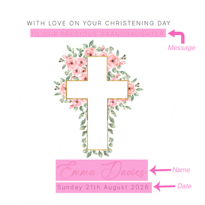 Personalised Christening Card for Girl – Custom Baptism Card with Message, Name & Date - Roses Cross Design – Religious Baptism Card for Girls, Daughter, Granddaughter, Niece - Pink Envelope Included
