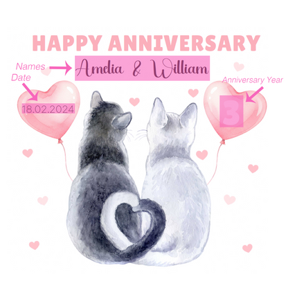 Personalised Cute Cats Anniversary Card - Custom Couple Names, Date and Years of Anniversary for Wedding, 1st, 2nd,10th, 20th - For Cat Lovers, Him, Her, Wife, Husband - Pink Envelope Inclided