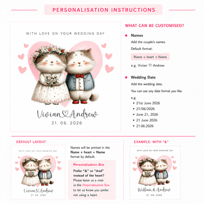 Personalised Wedding Card with Custom Couple's Names & Wedding Date – Cute Cat Design - Wedding Congratulations Card for Newlywed couples, Animal Lovers, Him or Her - Pink Envelope Included