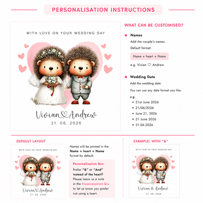 Personalised Wedding Card with Custom Couple's Names & Wedding Date – Cute Hedgehog Design - Wedding Congratulations Card for Newlywed couples, Animal Lovers, Him or Her - Pink Envelope Included