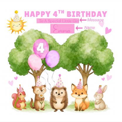 Personalised 4 Years Old 4th Birthday Card for Toddler Girls – Forest Animal Design with Custom Name & Message - Age 4 Woodland Birthday Card for Kids Daughter Granddaughter Niece with Pink Envelope