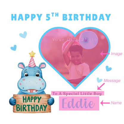 Personalised Photo 5th Birthday Card for Boys – Hippo & Heart Frame with Custom Photo, Name & Message, Age 5 Years Old Fifth Birthday Card for Kids, Son, Grandson, Nephew –  Blue Envelope Included