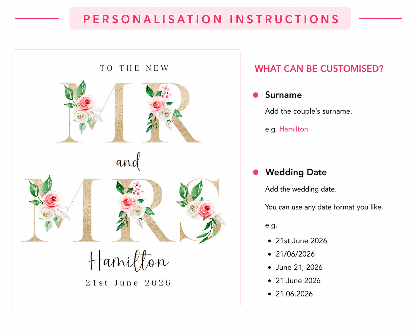 Personalised Mr & Mrs Wedding Card – Custom Surname & Wedding Date – Gold Effect Floral Letters Design - Wedding Congratulations Card for Newlywed couples, Him or Her - Kraft Envelope Included