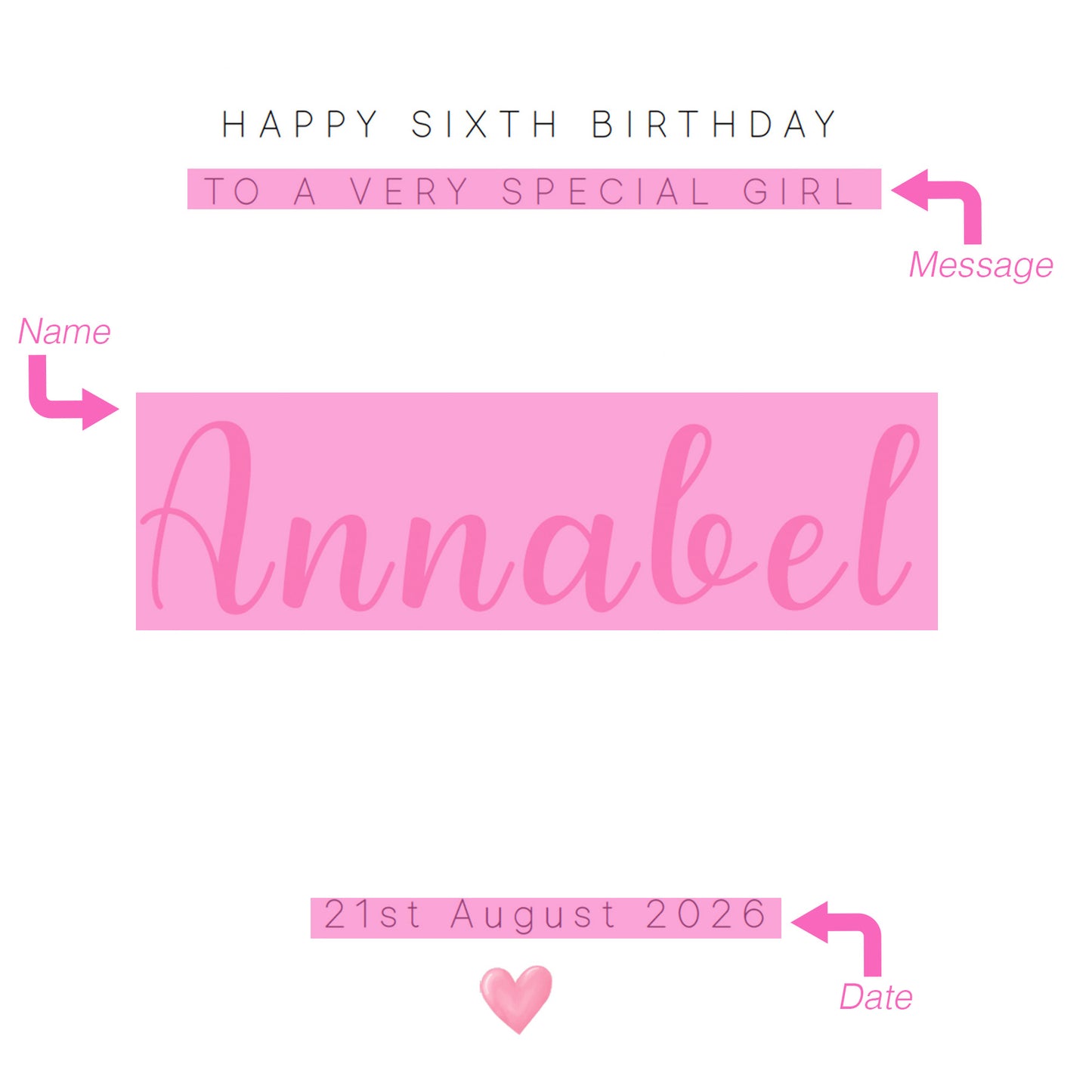 Personalised 6th Birthday Card for Girls – Elegant Minimalist Design with Custom Birthday, Name & Message - Age 6 Years Old Birthday Card for Kids Daughter Granddaughter Niece - Pink Envelope Included