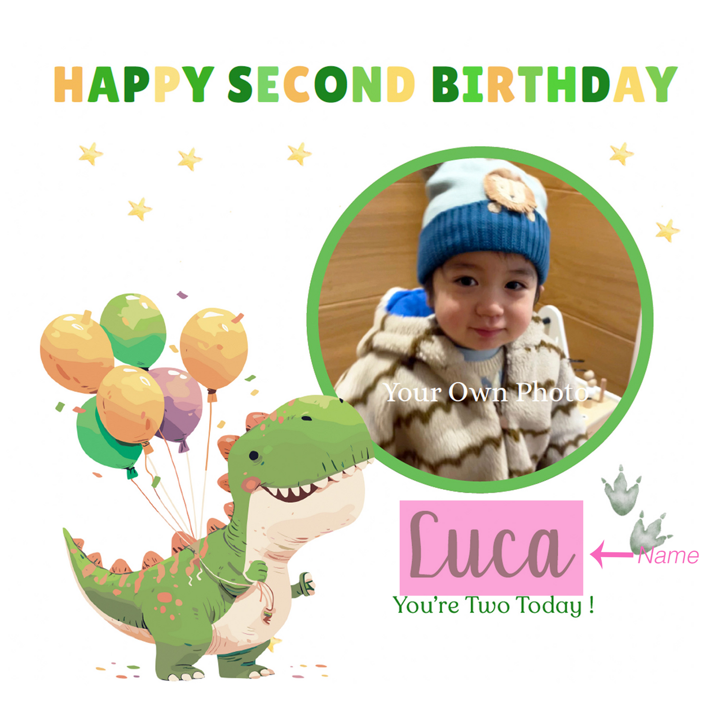 Personalised Photo 2nd Birthday Card for Toddler Boy –  Green T-Rex Dinosaur with Custom Photo and Name, Age 2 Years Old Happy Birthday Card for Son, Grandson, Nephew –  Green Envelope Included