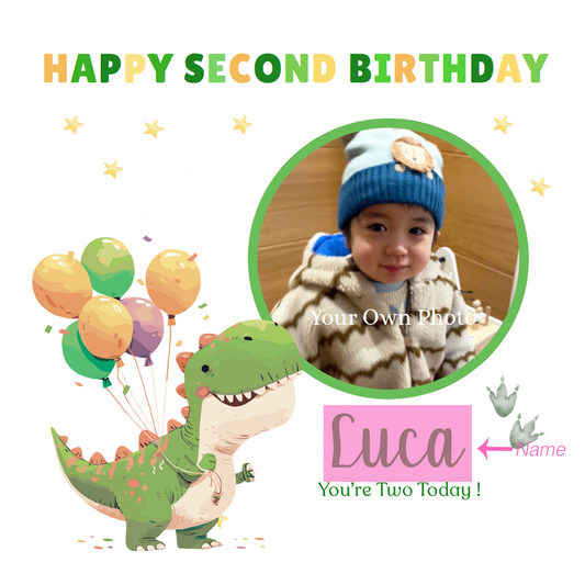 Personalised Photo 2nd Birthday Card for Toddler Boy –  Green T-Rex Dinosaur with Custom Photo and Name, Age 2 Years Old Happy Birthday Card for Son, Grandson, Nephew –  Green Envelope Included