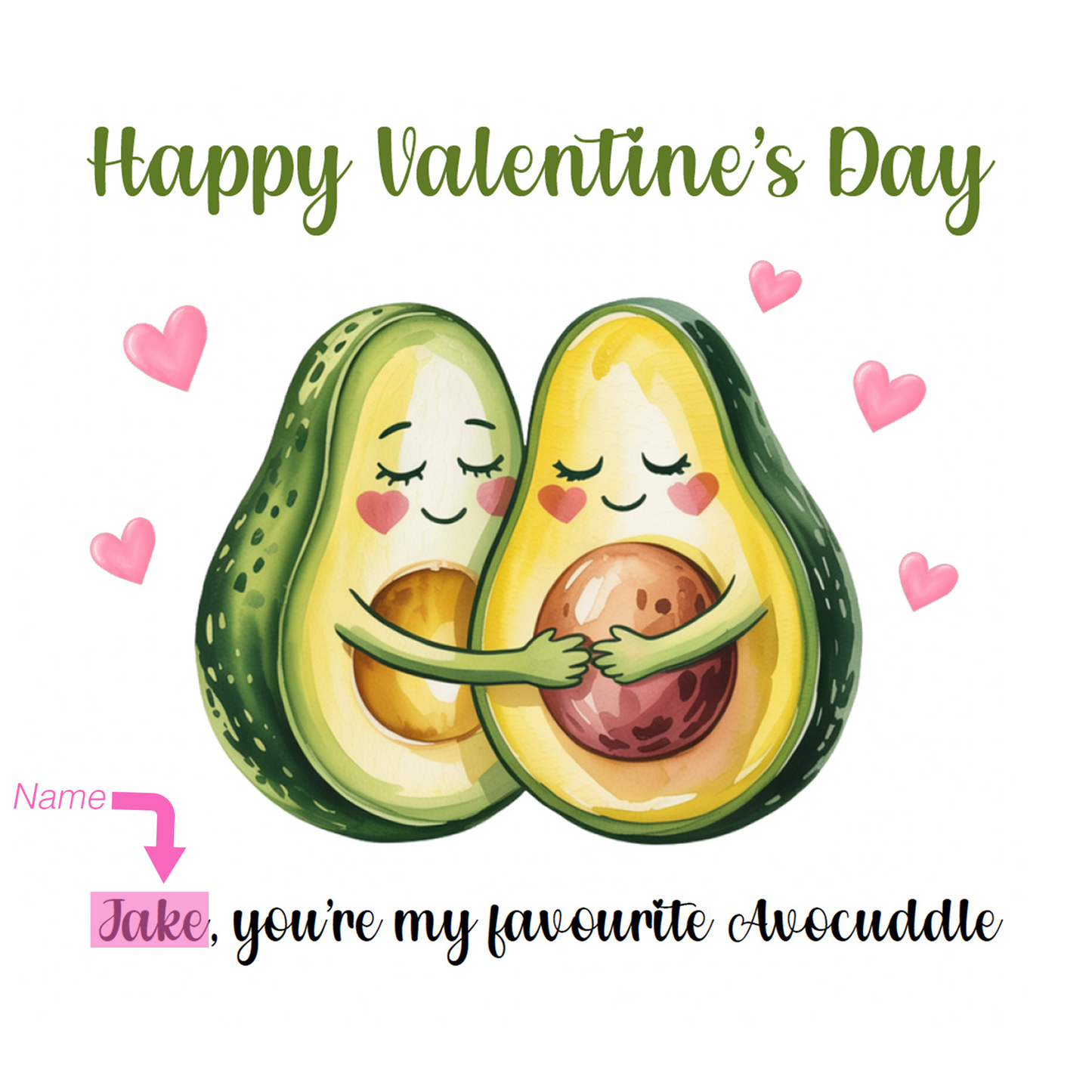 Personalised Happy Valentine’s Day Card with Cute Avocados Design for Loved Ones, Wife, Husband, Boyfriend, Girlfriend, Partner etc - Custom Name for Him or Her - Pink Envelope Included