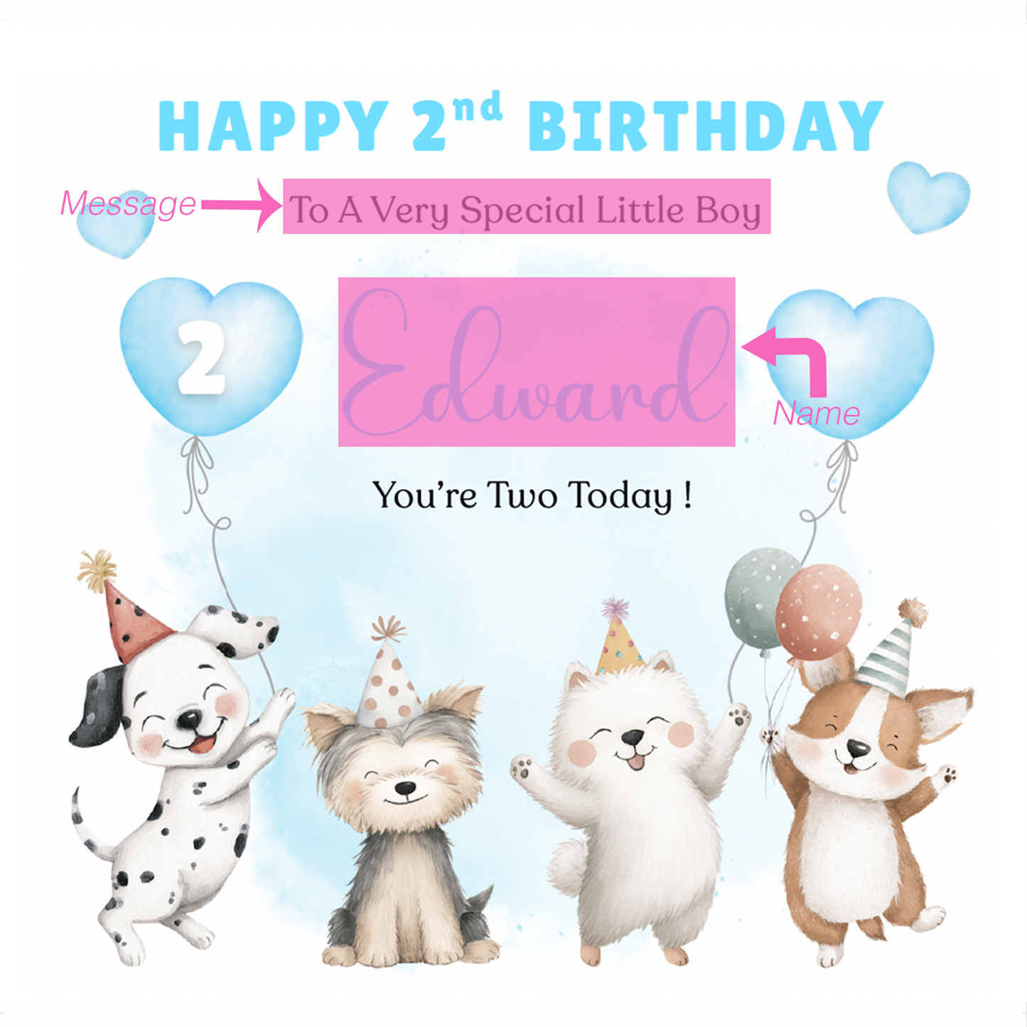 Personalised 2 Years Old 2nd Birthday Card for Toddler Boy – Puppy Dogs Design  Design with Custom Name & Message - Two years old Birthday Card for Son, Grandson Nephew with Blue Envelope