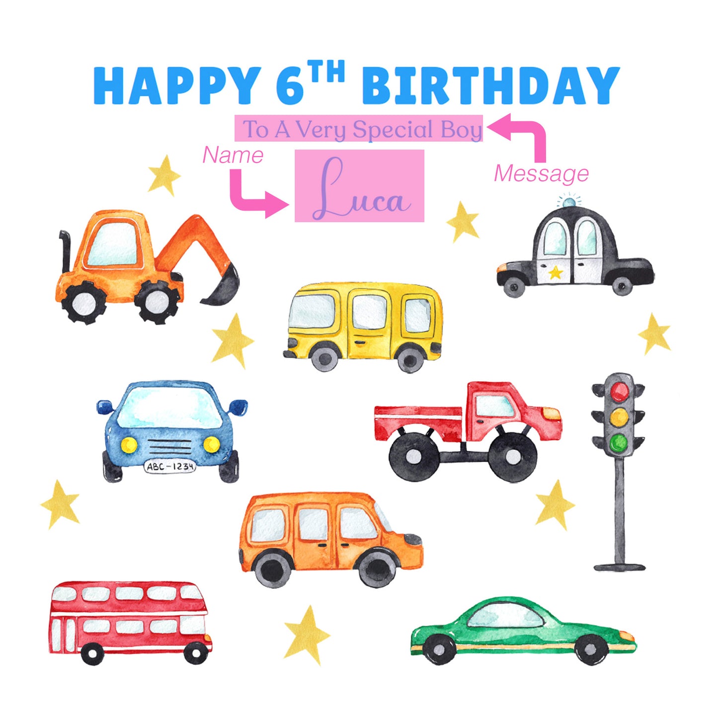 Personalised 6th Birthday Card for Boys – Car Digger Bus Design with Custom Name and Message, Age 6 Years Old Birthday Card for Kids, Children, Boy, Son, Grandson, Nephew– Blue Envelope Included