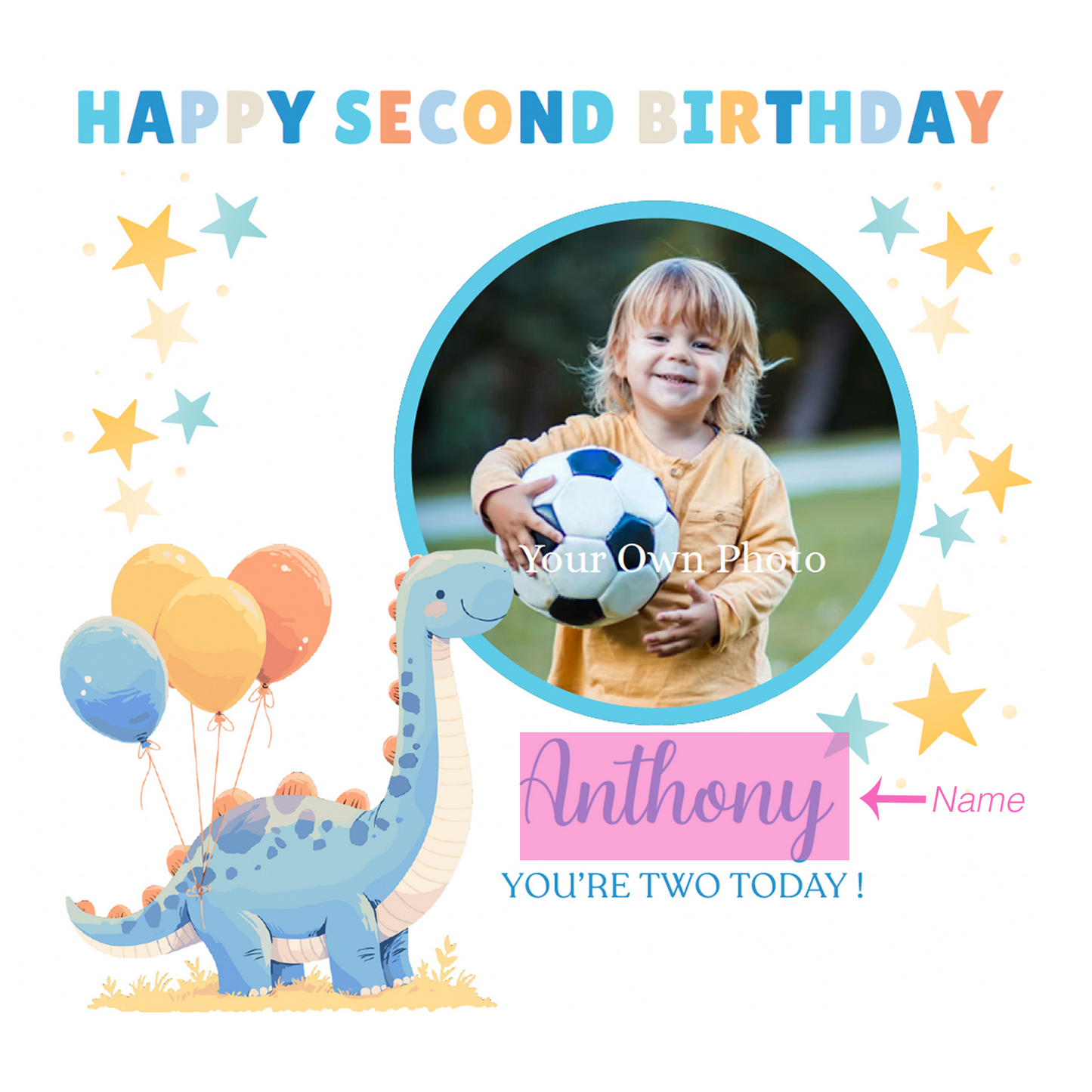 Personalised Photo 2nd Birthday Card for Toddler Boy –  Blue Brontosaurus Dinosaur with Custom Photo and Name, Age 2 Years Old Happy Birthday Card for Son, Grandson, Nephew –  Blue Envelope Included