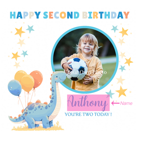 Personalised Photo 2nd Birthday Card for Toddler Boy –  Blue Brontosaurus Dinosaur with Custom Photo and Name, Age 2 Years Old Happy Birthday Card for Son, Grandson, Nephew –  Blue Envelope Included