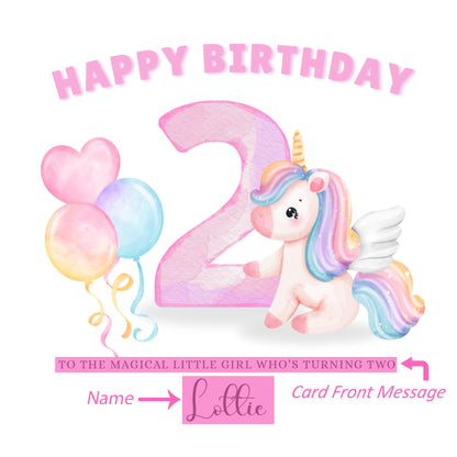 Unicorn -Personalised Watercolour Effect 2 Year Old Birthday Folded Card for Girls who loves Fairy Tales, Custom Name and Mesage Happy 2nd Birthday Card, Customisable Birthday Card for Children