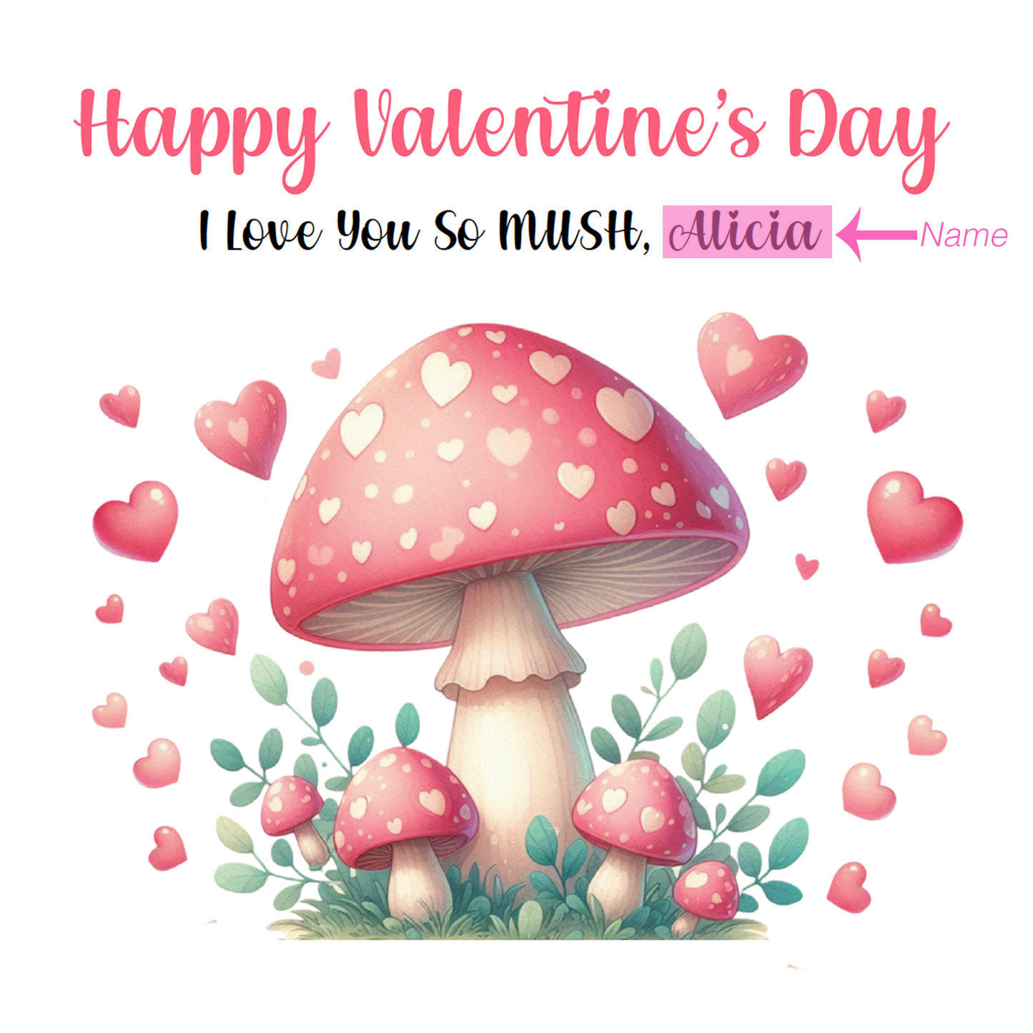 Personalised Happy Valentine’s Day Card with Cute Mushrooms Design for Loved Ones, Wife, Husband, Boyfriend, Girlfriend, Fiance, Fiancee - Custom Message & Name for Him or Her - Pink Envelope Included