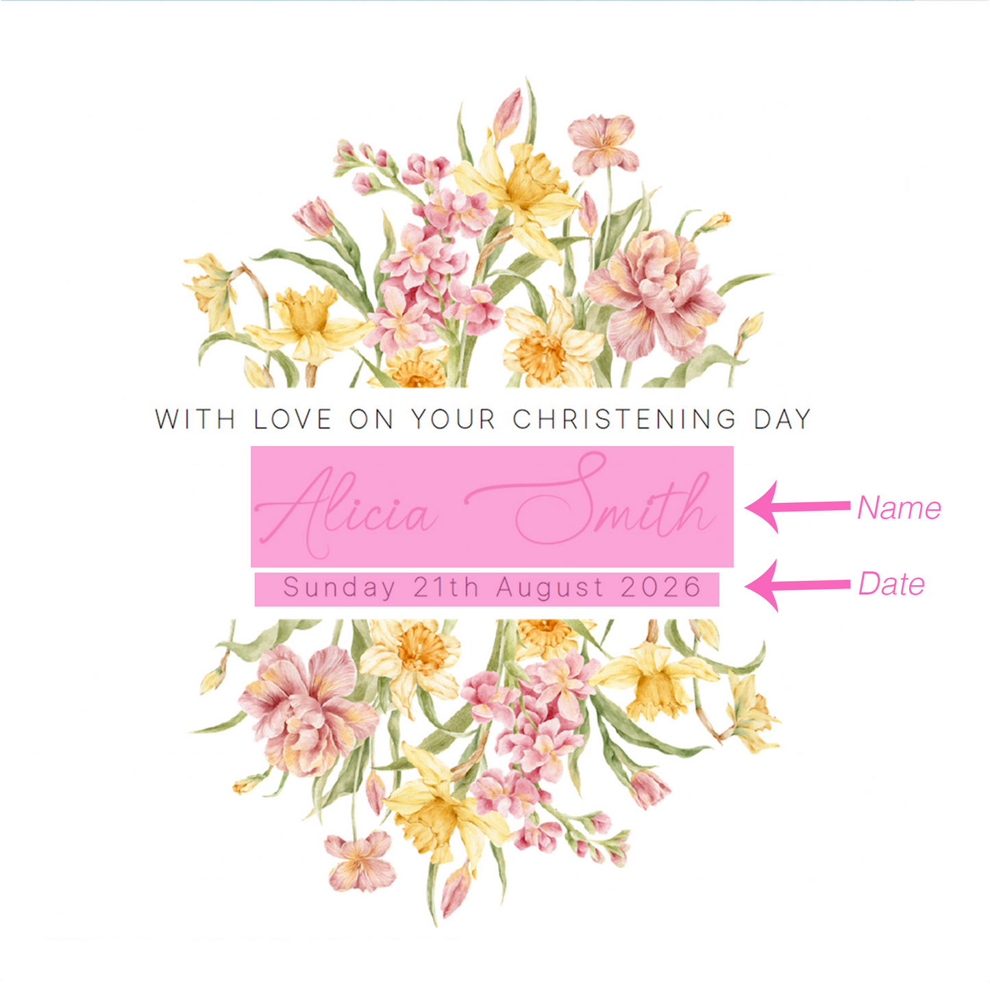 Personalised Christening Card for Girl – Custom Baptism Card with Name & Date - Elegant Pink & Yellow Flower Design – Baptism Card for Girls, Daughter, Granddaughter, Niece - Pink Envelope Included