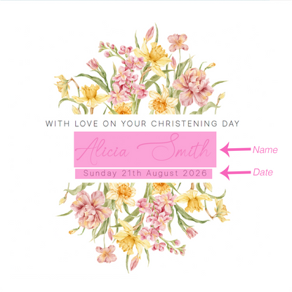 Personalised Christening Card for Girl – Custom Baptism Card with Name & Date - Elegant Pink & Yellow Flower Design – Baptism Card for Girls, Daughter, Granddaughter, Niece - Pink Envelope Included