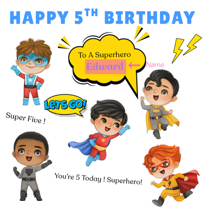 Personalised Superhero 5th Birthday Card for Boys – Superheros Design with Custom Name for Age 5 Years Old, Fifth Birthday Kids, Little Birthday Hero, Son, Grandson, Nephew –  Blue Envelope Included