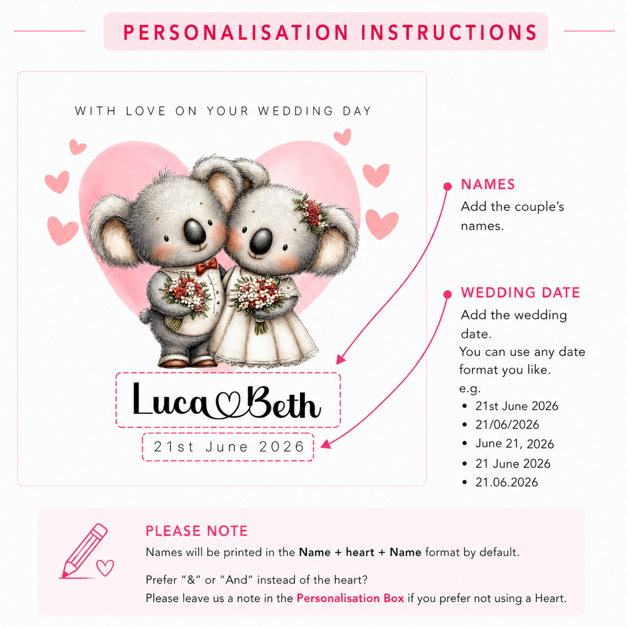 Personalised Wedding Card –with Custom Couple's Names & Wedding Date – Cute Koala Design - Wedding Congratulations Card for Newlywed couples, Animal Lovers, Him or Her - Pink Envelope Included