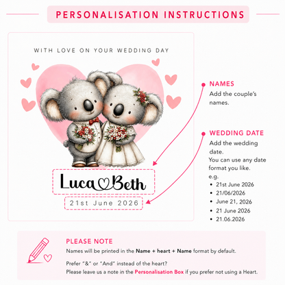 Personalised Wedding Card –with Custom Couple's Names & Wedding Date – Cute Koala Design - Wedding Congratulations Card for Newlywed couples, Animal Lovers, Him or Her - Pink Envelope Included