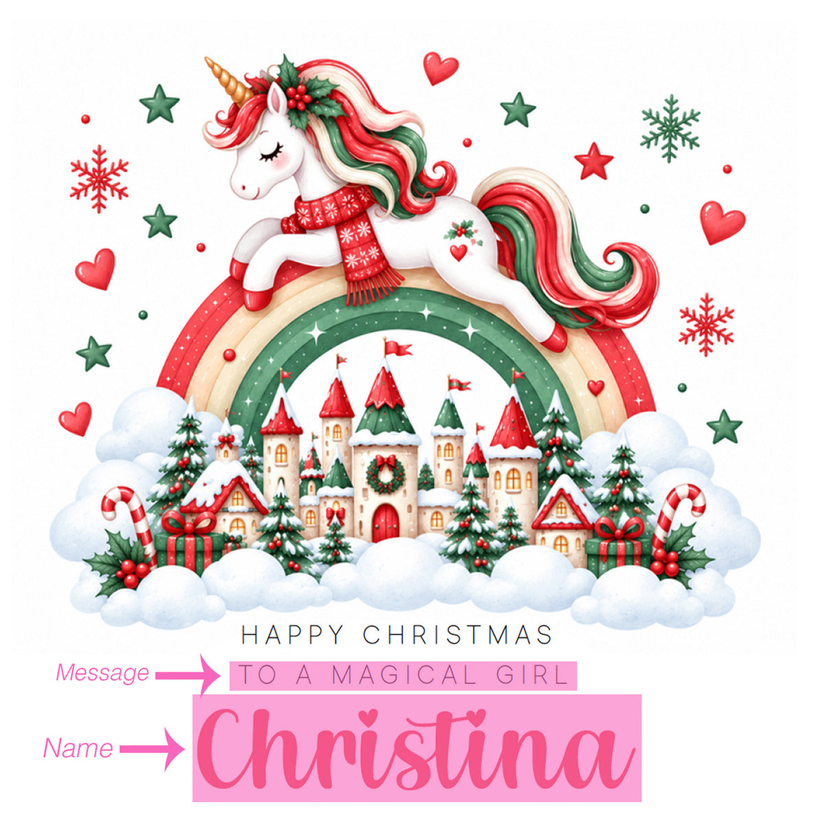Personalised Christmas Card for Girls – Beautiful Magical Unicorn and Xmas Castle