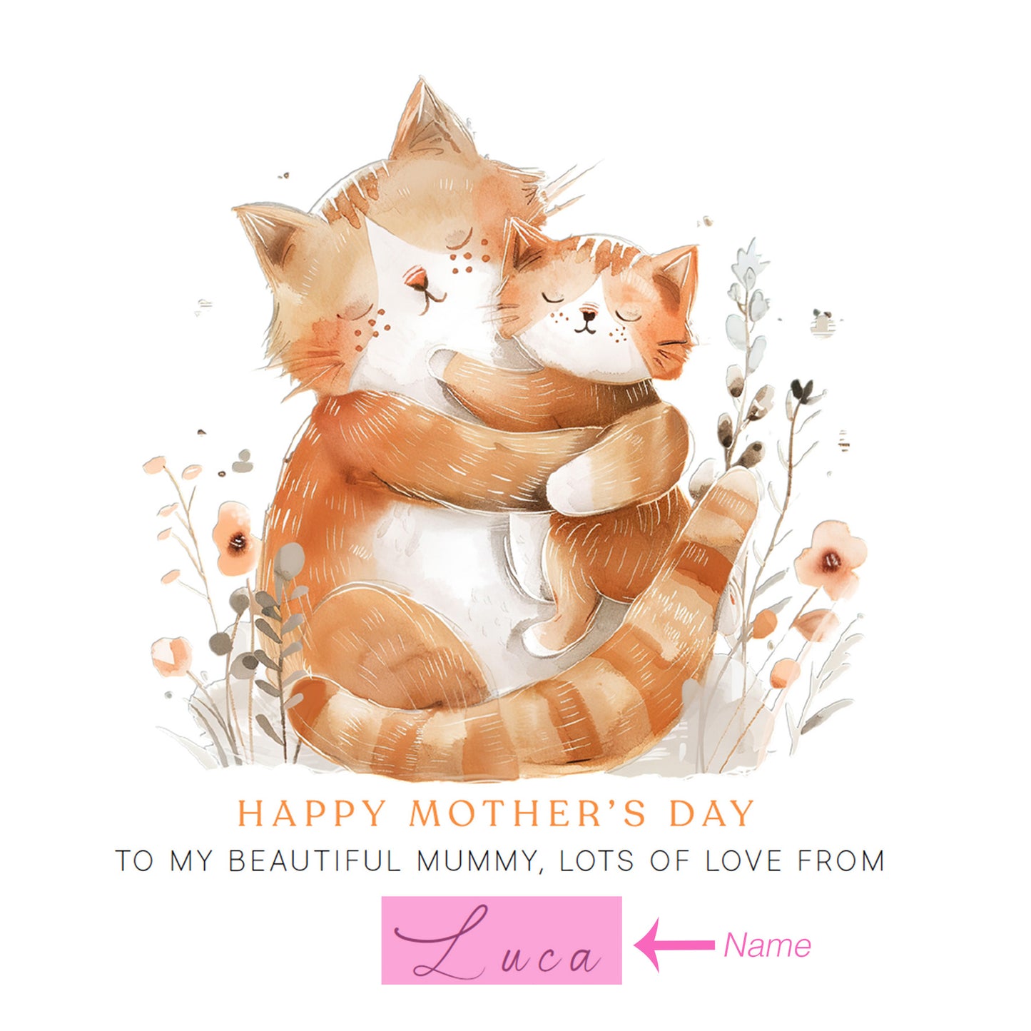 Personalised Happy Mother's Day Card with Custom Name for Mummy, Mama, Mum, Mother to be, Cat Lovers, Owner, Grandma from Kid, Son & Daughter – Cute Cat Mum & Kitten - Brown Kraft Envelope Included