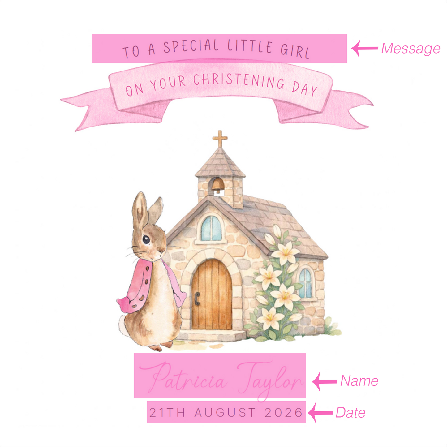 Personalised Christening Card for Girl – Custom Baptism Card with Message, Name & Date - Cute Bunny & Church Design – Baptism Card for Girls, Daughter, Granddaughter, Niece with Pink Envelope
