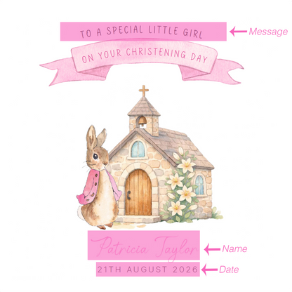 Personalised Christening Card for Girl – Custom Baptism Card with Message, Name & Date - Cute Bunny & Church Design – Baptism Card for Girls, Daughter, Granddaughter, Niece with Pink Envelope