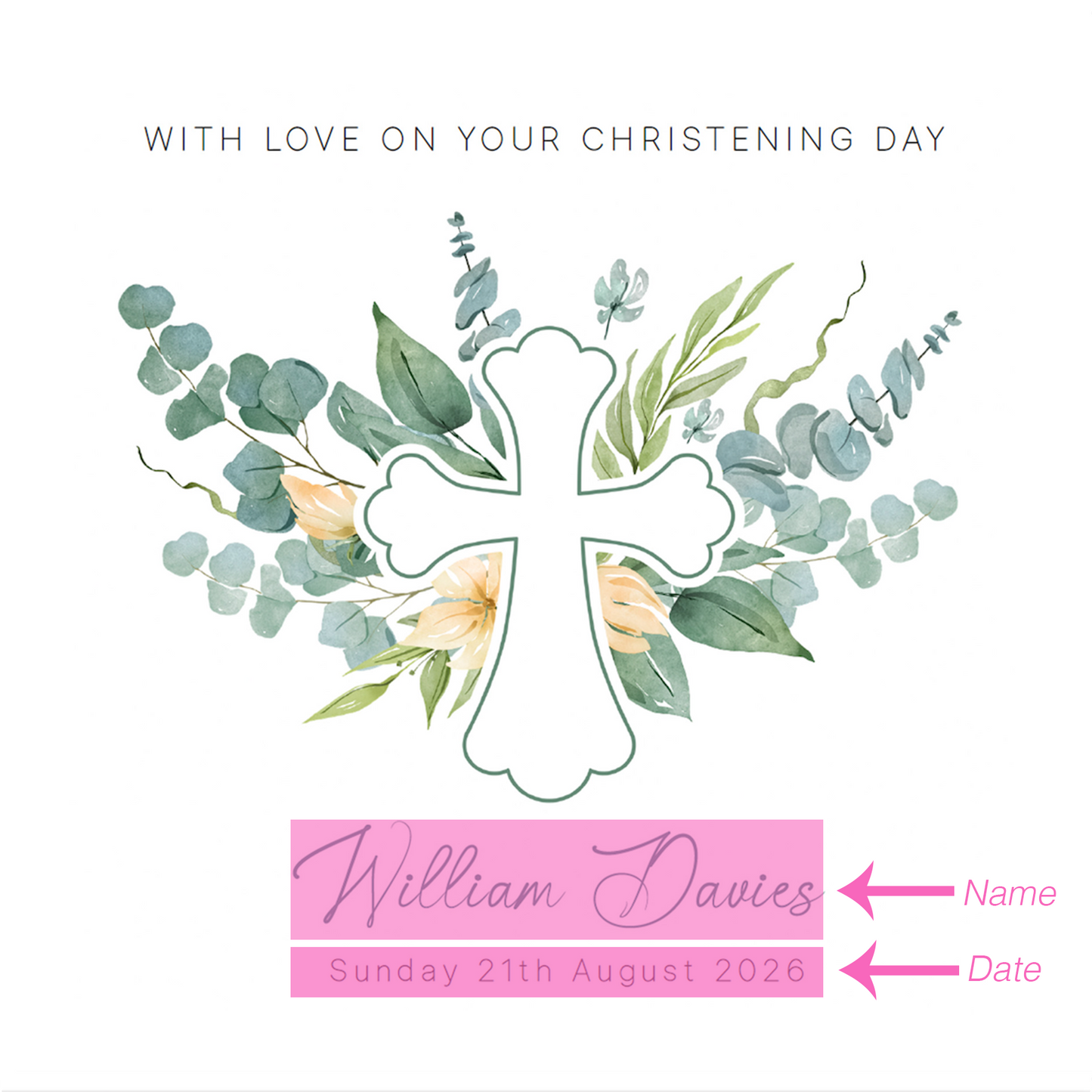 Personalised Christening Card for Boys or Girls – Elegant Greenery Cross Design with Custom Name and Date - Baptism Card for Son, Daughter, Grandson, Granddaughter, Nephew, Niece with Green Envelope