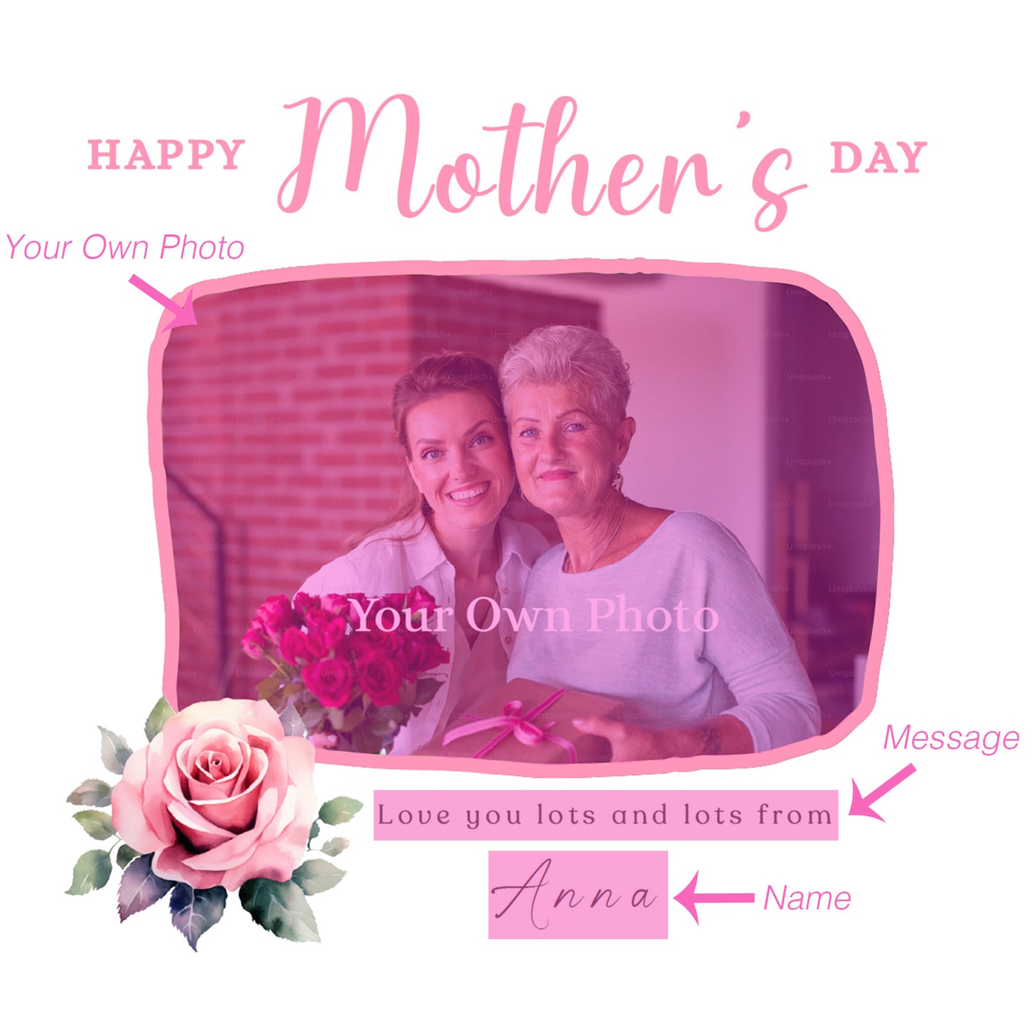Personalised Photo Happy Mother's Day Card for Her, Mummy, Mama, Mum, Mother to be, Mum to be from Children, Son & Daughter  – Pink Rose Design - Custom Name, Message & Photo -Pink Envelope Included