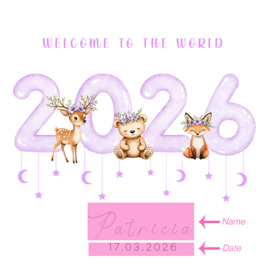 2026 Personalised New Baby Girl Card Congratulations for Newborn Daughter, Granddaughter, Niece, Welcome To The World Card  - Woodland Animals Design with Custom Name and Date with Purple Envelope