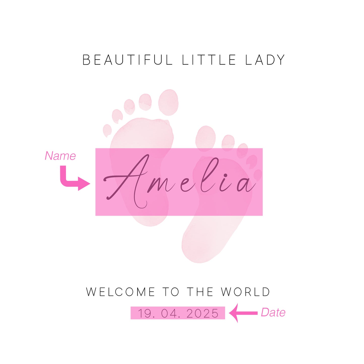 Personalised New Baby Card for Baby Girl, Welcome To The World Newborn Card, Baby Shower for Daughter, Granddaughter, Niece, Baby Feet Design with Customised Name &Date - Pink Envelope Included